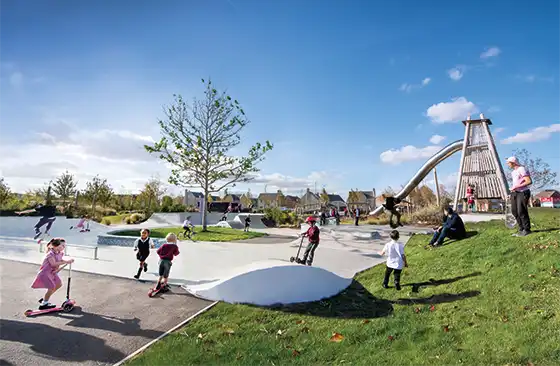 Children playing at a skatepark in the sun