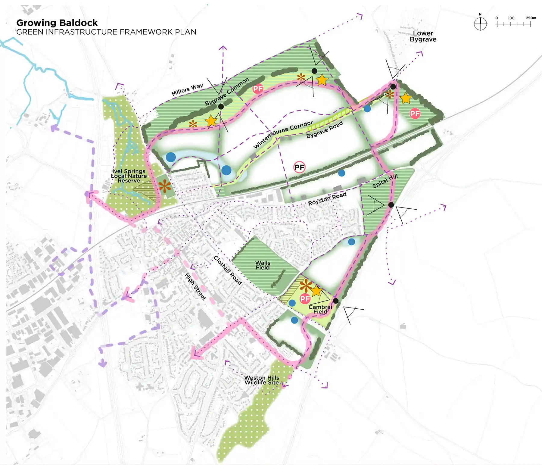 Map of Baldock showing the green infrastructure framework